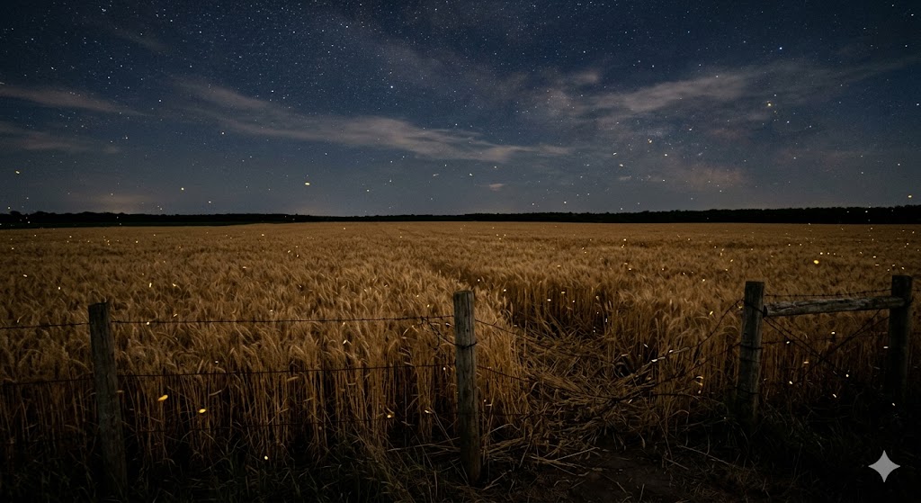 A beautiful night sky over a wheat field with a wooden fence